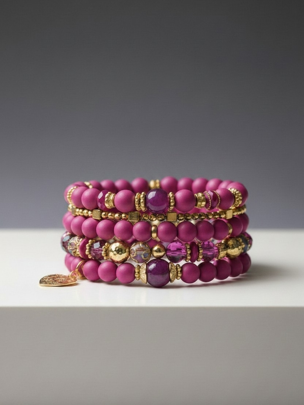 Fuchsia Beaded Bracelet Set with Gold Accents